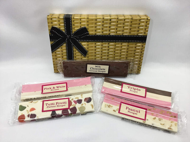 Nougat Bar Gift Hamper - Gift Box - Milk Chocolate Covered - Tutti Frutti - Pink & White - Peanut - Triple Nougat - 5 x 150g Bars