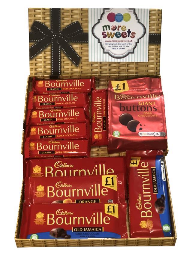 Bournville Dark Plain Chocolate Hamper Selection Gift Box Grey Ribbon Effect Rum Raisin Orange Buttons 11 Piece
